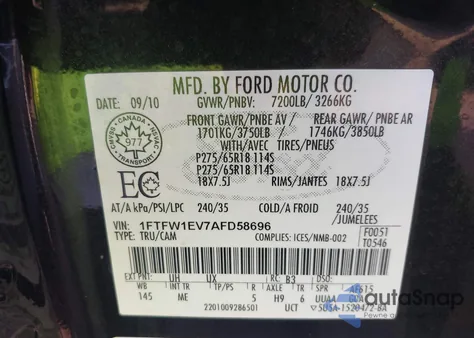 2010 Ford F-150 Fx4/Harley-Davidson/King Ranch/Lariat/Platinum/Xl/Xlt из США, поврежденный, VIN 1FTFW1EV7AFD58696